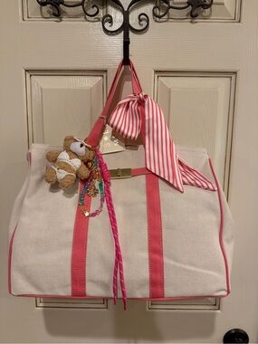 Canvas Tote with Pink Trim and Striped Bow Accent and bikini bear/bag charms
